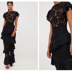 PrettyLittleThing Black Lace Maxi Dress with Ruffles